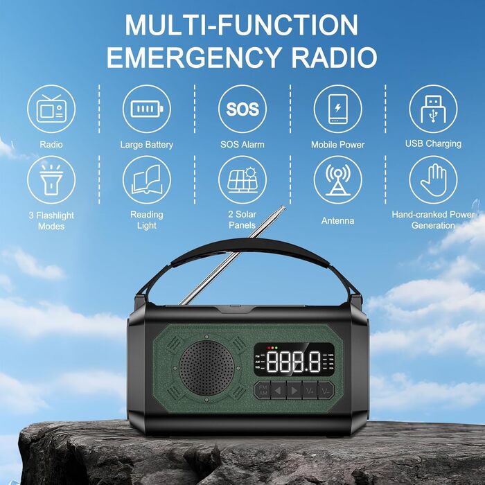 Радіо на сонячних батареях з ручним заводом 12000 mAh, AM/FM/NOAA, ліхтарик, SOS, Power Bank, зелений – для дому та подорожей