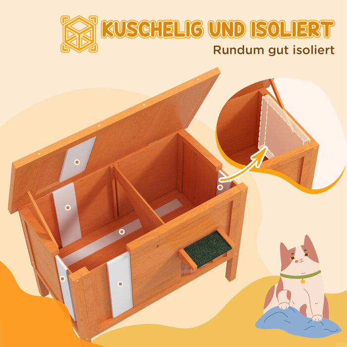 PawHut Wooden Cat House with Door Curtain, Outdoor, Insulated, Elevated Design, for Small Animals, Orange, 60x60x81.5cm | Aosom