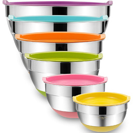 Umite Boss Mixing Bowls with Airtight Lids, 6-Piece Stainless Steel Metal Bowls by Chef, Measuring Markings and Colorful Non-Slip Bottoms, Sizes 7, 3.5, 2.5, 2.0, 1.5, 1 QT, ideal for mixing