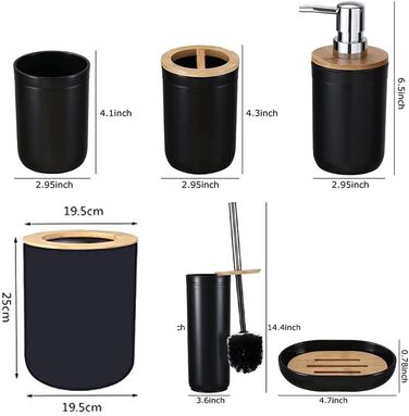 Набір аксесуарів для ванної кімнати з бамбука (6 шт.), чорний: щітка для унітазу, дозатор мила, стаканчик для зубних щіток, мильниця, сміттєвий бачок