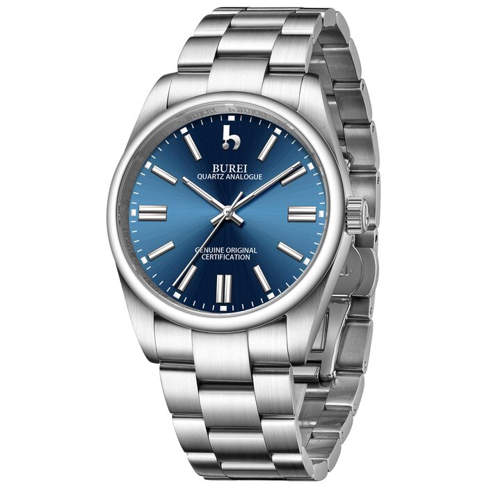 Годинник чоловічий BUREI срібний: аналоговий кварцовий годинник на сталевому браслеті. Елегантний, класичний дизайн.