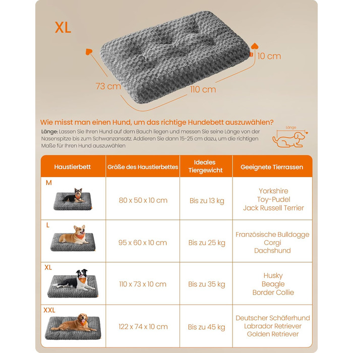 Ліжко для собак Feandrea XL, м'яке, плюшеве, 110 x 73 см, для великих собак, сірий колір, знімний чохол, антиковзаюча поверхня