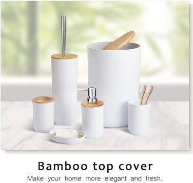 CERBIOR Набір аксесуарів для ванної кімнати з бамбука, 6 предметів: мильниця, тримач для зубних щіток, стакан для ополіскування, дозатор для лосьйону, флакон, сміттєвий контейнер, щітка для унітазу, білий