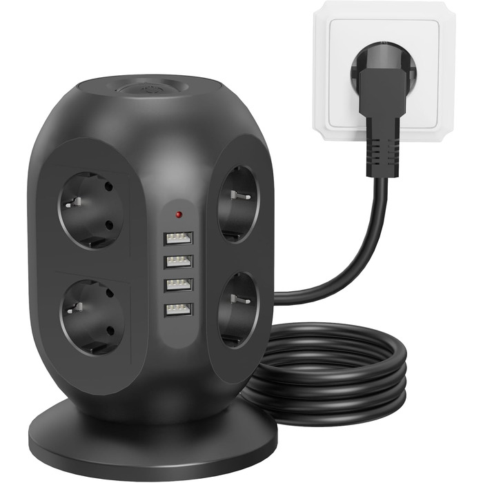 Багатофункціональна мережа живлення Colstar з 4 USB, 8 розеток, захистом від перенапруги, 2м кабелем, для дому та офісу, чорна