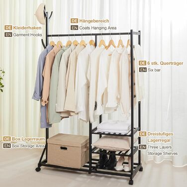 Yorbay Bamboo Clothes Rack with Wheels, Clothes Rail, 3 Shelves and 6 Hooks, Tree Shape, 100 x 38 x 176 cm (Black)