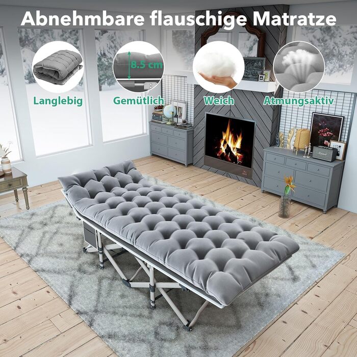 Розкладне ліжко Feldbett з матрацом, до 208 кг, сіре, XL 190x71x35 см - для кемпінгу, саду, пляжу, гостей