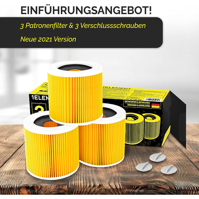 Фільтр для пилососа Kärcher (WD3, WD2, WD1, MV3, MV2, A, K, KNT, NT, SE, VC) - замінник 6.414-552.0 - 3 круглі фільтри + 3 кришки-гвинти для алергіків проти дрібного пилу та запахів