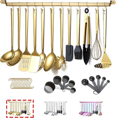 Kyraton Gold Kitchen Utensil Set, 37-Piece Stainless Steel Kitchen Helper Set with Titanium Plating, Kitchen Tool Set with Utensil Holder, Cooking Spoon Set Dishwasher Safe