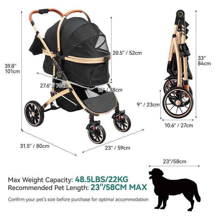 YITAHOME 3-in-1 Dog Stroller & Cat Carrier - Folding Pet Buggy for Dogs up to 20kg - Black