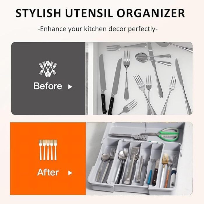 Органайзер для столових приборів ZHUlYIWIN в шухляду, розсувний, з тримачами для ножів (сірий)