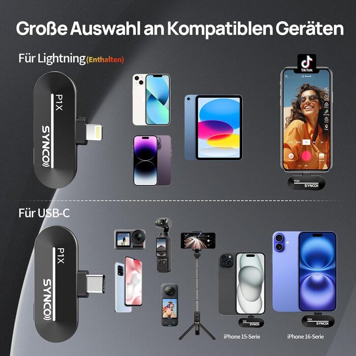 Бездротовий петличний мікрофон SYNCO для iPhone 15/16/17 та Android, P2ST, USB-C з зарядним кейсом, Plug and Play для смартфонів та планшетів, HiFi-якість (1 мікрофон для Lightning)