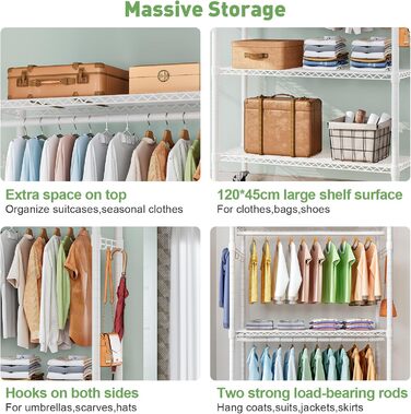 Вішалка для одягу на коліщатках металева з 3 штангами та полицею, біла 120x45x205 см