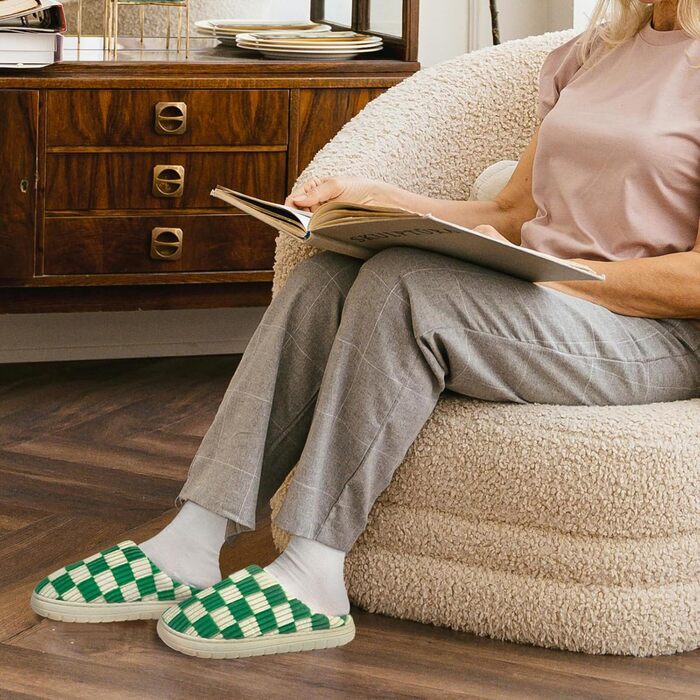 Тапочки додому жіночі та чоловічі, плюшеві, з піною Memory, в клітинку, з антиковзкою підошвою, теплі, з підкладкою з хутра, 40/41 EU, зелені