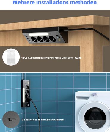 Кутова мережева розетка з USB та 2 Type-C, 4 слоти, з вимикачем, захист від перенапруги, LED, кабель 1.8м