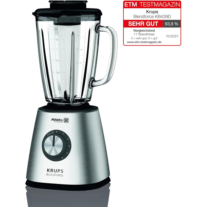 Krups KB439D Blendforce 2 Blender | 800 Watt | 5 Speeds | Pulse Function | 1.75 Liter Tritan Glass Container (Usable Volume: 1.25 Liters) | Shatterproof | Ice Crusher | Stainless Steel