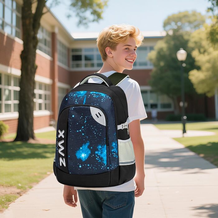 Шкільний рюкзак для підлітків 46L, рюкзак для школи, гімназії, старшої школи з нагрудним ременем, світловідбиваючими елементами, відділенням для 17.3' ноутбука, чорний (Casual-5255)