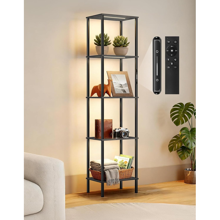 Стельова лампа з полицею, LED, регулювання яскравості, 3 колірні температури, сенсорне управління та пульт, полиця для книг, дерев'яна, сучасний дизайн для вітальні, спальні, офісу (чорний)