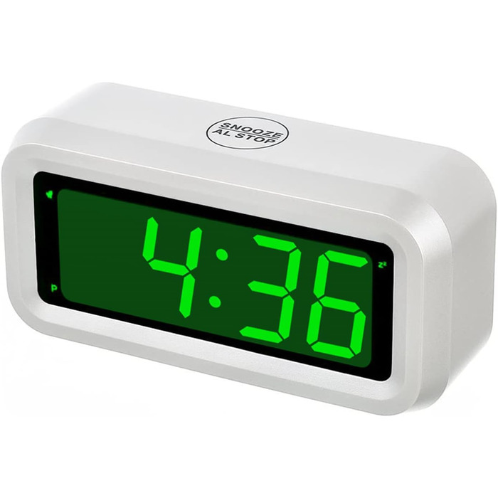 Цифровий годинник-будильник Timegyro з LED дисплеєм, на батарейках, для подорожей, настільний, 3 рівні яскравості, великий LED дисплей 1.2' для спальні, вітальні, чорно-білий (біло-зелений)