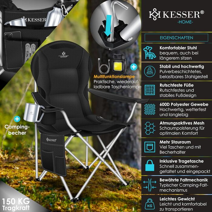 Крісло для кемпінгу KESSER® - складне, до 150 кг, з підлокітниками, високою спинкою, кишенею та тримачем для напоїв, хакі (чорний/чорний)