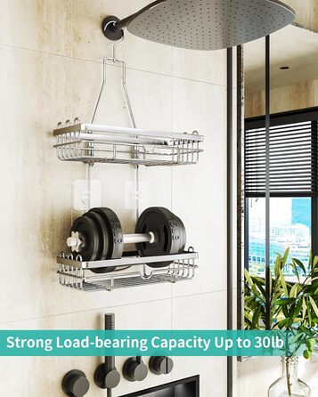 HapiRm Shower Shelf for Hanging, Hanging Shower Rack with Multiple Hooks - High-Quality Hanging Shower Basket Stainless Steel, No Drilling Required, Silver