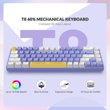 YINDIAO T8 Комплект ігрової клавіатури та миші RGB 60%, Механічна клавіатура TKL 68 клавіш, Миша з сотовою структурою, до 6400DPI, для PC PS5, Темно-сірий (Синій перемикач)