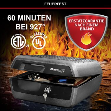 Master Lock Fire & Water Resistant Security Safe - Large Key Lock Box for ID Cards, A4 Documents, Small Electronics, Jewelry - 10L Capacity