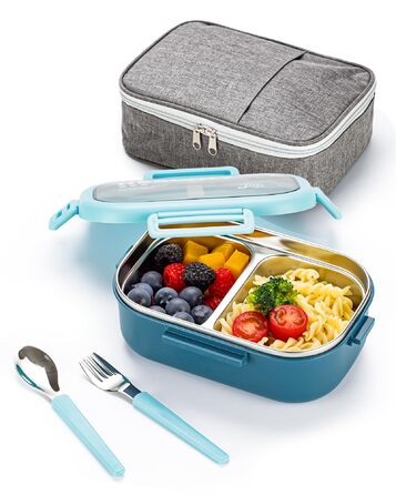 Ланчбокс Lille Home Bento з нержавіючої сталі, 850 мл, 2 відділення, витікання, з сумкою та столовими приборами, BPA-free (Світло-блакитний)
