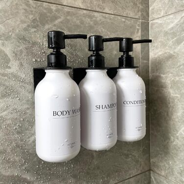 Набір диспенсерів для мила, шампуню та гелю для миття: 3 шт., 500 мл, без свердління, настінний монтаж, етикетки в комплекті, янтарний колір (чорна пляшка + біла помпа)