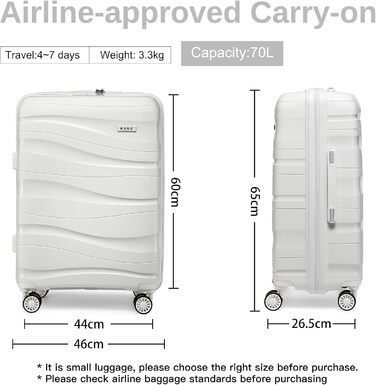 KONO Чемодан середнього розміру 65см з поліпропілену, з TSA замком, 65x46x26.5см (Крем-білий)