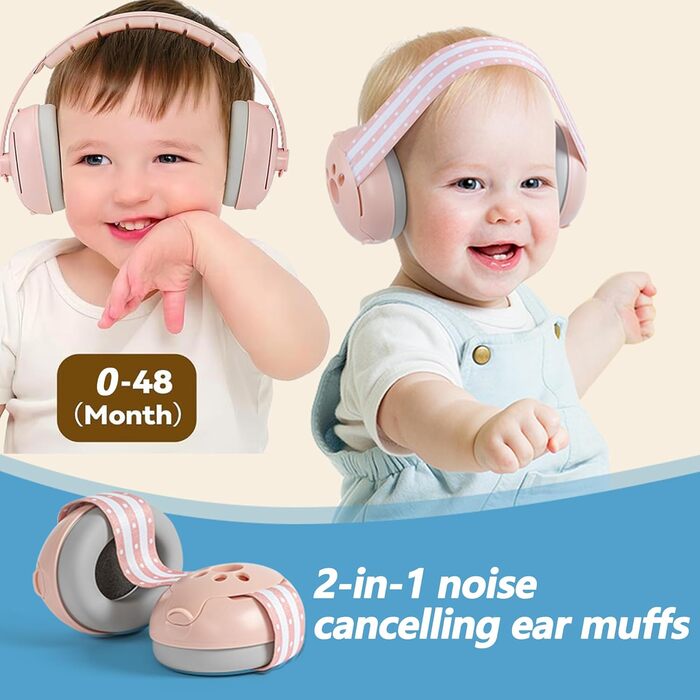 Дитячий навушник-захист від шуму 2-в-1, регульовані навушники, захист від шуму до 48 місяців, капсульний захист для новонароджених, рожевий