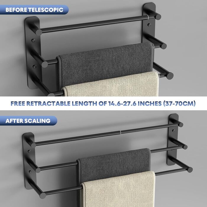 Тримач для рушників Lannvan без свердління, висувний 37-70см, нержавіюча сталь, для ванної кімнати/кухні, 2 способи встановлення, чорний