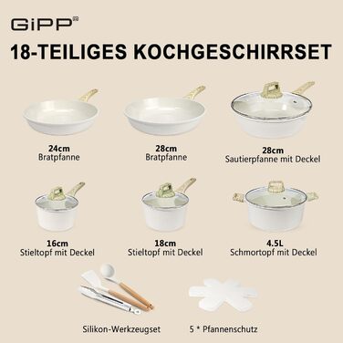 Набір посуду GiPP 17-ти частинний: каструлі, сковорідки з антипригарним покриттям, сковорідки 24+28 см, каструля 4.2 л, каструлі 16+18 см, сковорода для омлету з 4-ма отворами, лопатка та ложка, підходить для всіх типів плит (білий)