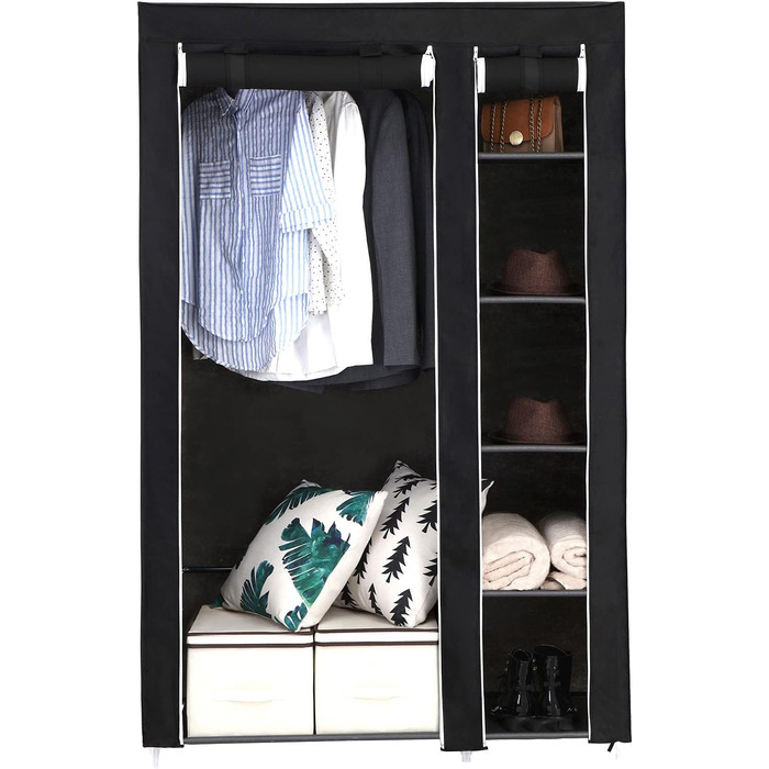 SONGMICS Fabric Wardrobe, XL, Clothes Closet, Folding Wardrobe, Camping Closet with Clothes Rail, 110 x 175 x 45 cm, Black, LSF007