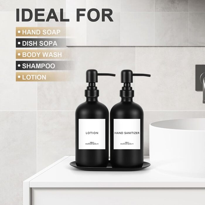 Набір дозаторів для мила Lannvan, скло, 500 мл, чорний матовий, для ванної кімнати та кухні, з підносом та етикетками