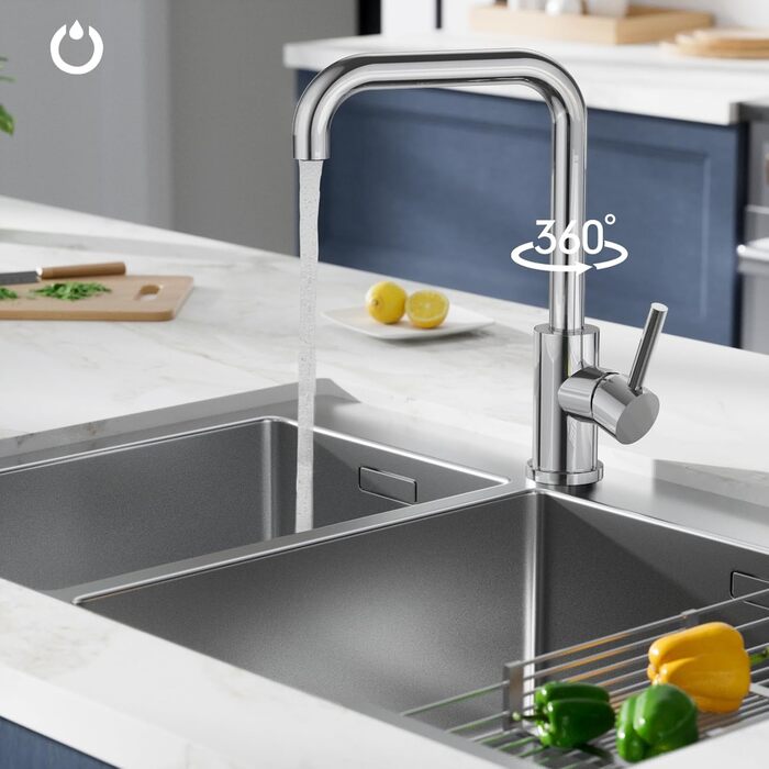 Змішувач кухонний FORIOUS, поворотний 360°, L-подібний, для 1 отвору, полірований хром