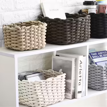 Icegrey Storage Basket Cotton Knit Basket Decorative Natural Rectangular Waterproof Storage Boxes Organizers for Nursery, Bedroom, Living Room (Black, Small)