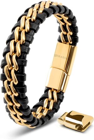 Чоловічий браслет SERASAR Premium з натуральної шкіри та нержавіючої сталі | Магнітна застібка, коробка, подарунок (17см, золото)