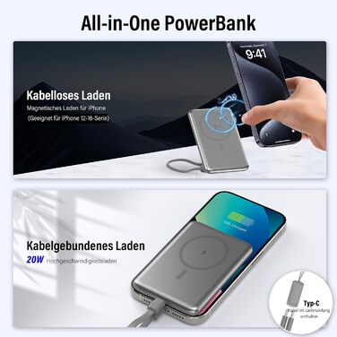 Power Bank MagSafe 5000mAh 20W PD з бездротовою зарядкою, USB-C, для iPhone 16/15/14/13/12, срібний