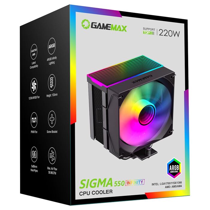 Кулер CPU GAMEMAX SIGMA 550 Infinity (білий) для Intel LGA1851/1700, AMD AM5/AM4, 220W TDP, 5 Heatpipes, 120mm ARGB PWM