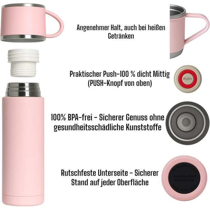 Термофляга 500 мл з нержавіючої сталі – 2 чашки з ручкою – без витоку, BPA-free – з щіткою для чищення – рожева
