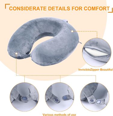 Подушка для шиї, 100% Memory Foam, U-подібна форма, сіра. Для подорожей, авто, дому, офісу.