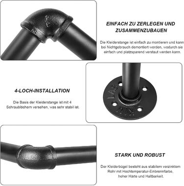 Wall-Mounted Clothes Rack, Pipe Clothes Rail, Industrial Style Wall Hanger, Detachable Metal Clothes Rod, Coat Rack, Bedroom for Hallways, Living Room, Bedroom (100cm)