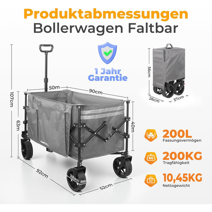 Візок пляжний складний Bollerwagen 200л, 200кг, сірий: для кемпінгу, пляжу, відпочинку. З дощем, гальмами, широкими колесами