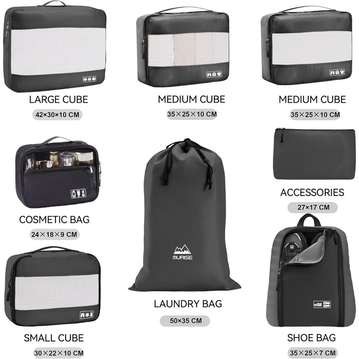 Органайзер для валізи MURISE, 8 шт. - Packing Cubes для подорожей, сумки-органайзери для валізи, з мішечком для взуття та косметички, система організації, Travel Essentials, чорний