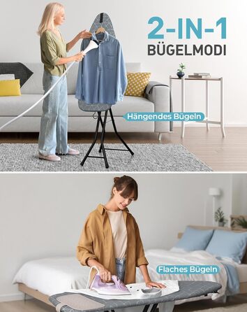 Прасувальна дошка LyriFine 2-в-1 для прасування з парою та звичайного прасування, з термостійким покриттям, складана з гачком, сталевий каркас, сірого кольору з підставкою для праски