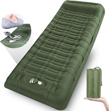 Airminti Self-Inflating Camping Mat - 12cm Thick, Lightweight Air Mattress with Foot Pump & Pillow, Outdoor Sleeping Pad for Camping, Hiking, Beach & Festival - Olive Green