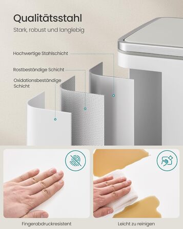 Відро для сміття SONGMICS 50 л, нержавіюча сталь, знімний внутрішній відро, Soft-Close, білий (LTB595E01)