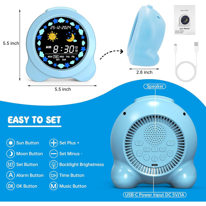 SENXINGYAN Kids Alarm Clock, Alarm Clock for Children with Sun & Moon LED Display, Day & Date Display, Sleep Trainer for Kids with Night Light & Sleep Sounds, Cute Alarm Clock for Kids Room