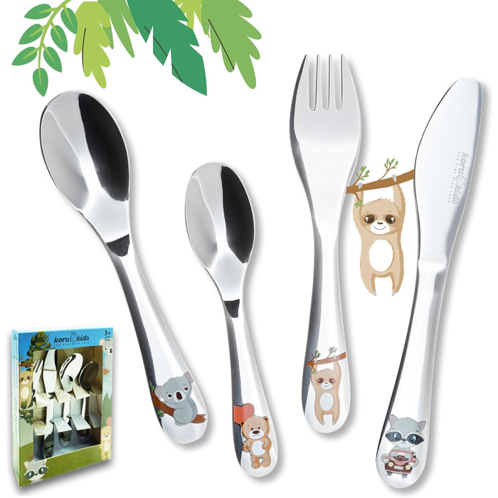 Набір дитячого столового прибору Koru Kids® Kinderbesteck (4 шт.) з нержавіючої сталі, для дітей від 3 років (Wildlife)