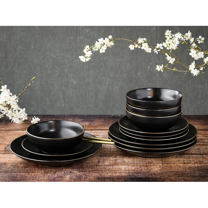 CreaTable Geschirr Set INDUSTRIAL GOLD: 16-teilний сервіз для 4 осіб (чорний), з каменю, для посудомийної машини та мікрохвильової печі